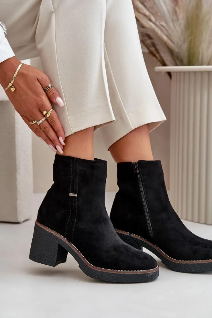 Boto Botki Ocieplane|Brązowe I Beżowe Botki*Botki Damskie Na Słupku Ocieplane Eko Zamszowe Czarne Arkesia Czarny