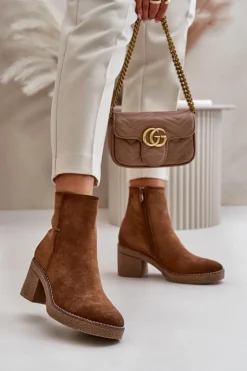 Boto Brązowe I Beżowe Botki|Botki Na Obcasie*Botki Damskie Na Słupku Ocieplane Eko Zamszowe Khaki Arkesia