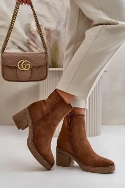 Boto Brązowe I Beżowe Botki|Botki Na Obcasie*Botki Damskie Na Słupku Ocieplane Eko Zamszowe Khaki Arkesia