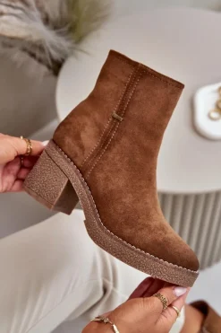 Boto Brązowe I Beżowe Botki|Botki Na Obcasie*Botki Damskie Na Słupku Ocieplane Eko Zamszowe Khaki Arkesia