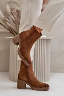 Boto Brązowe I Beżowe Botki|Botki Na Obcasie*Botki Damskie Na Słupku Ocieplane Eko Zamszowe Khaki Arkesia