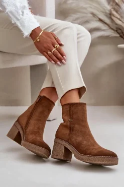 Boto Brązowe I Beżowe Botki|Botki Na Obcasie*Botki Damskie Na Słupku Ocieplane Eko Zamszowe Khaki Arkesia