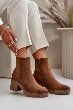 Boto Brązowe I Beżowe Botki|Botki Na Obcasie*Botki Damskie Na Słupku Ocieplane Eko Zamszowe Khaki Arkesia