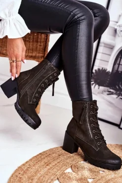 Damskie buty S.Barski Botki Sznurowane|Botki Na Słupku*Botki Damskie Na Słupku Ocieplane Khaki Vimen