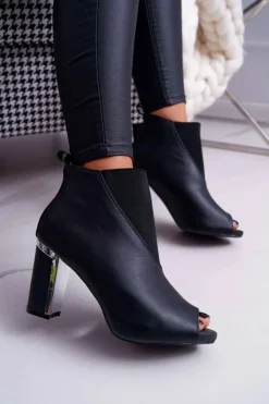 Hot Boto Botki Damskie na Słupku Odkryte Palce Wsuwane Czarne Germen