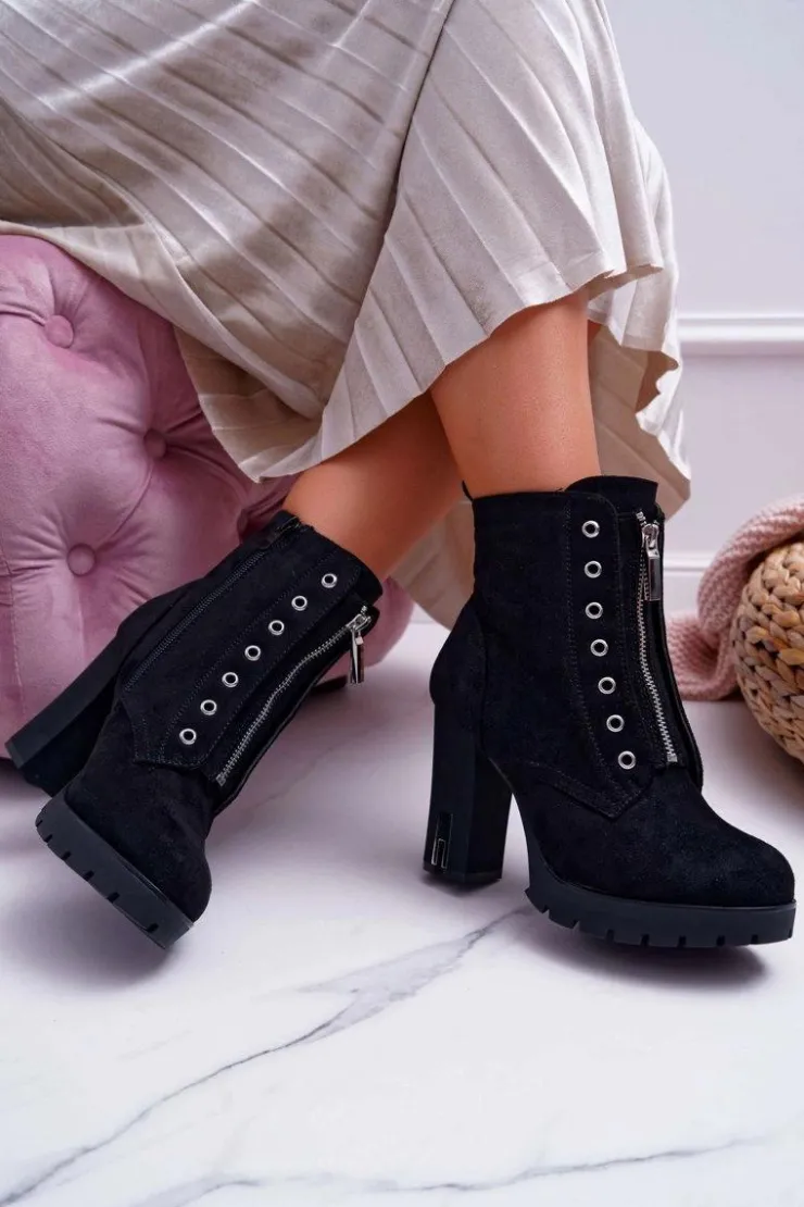 Damskie Boto Botki Damskie Na Słupku Ozdobny Suwak Zamsz Czarne Imagine