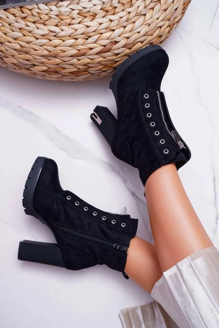 Damskie Boto Botki Damskie Na Słupku Ozdobny Suwak Zamsz Czarne Imagine