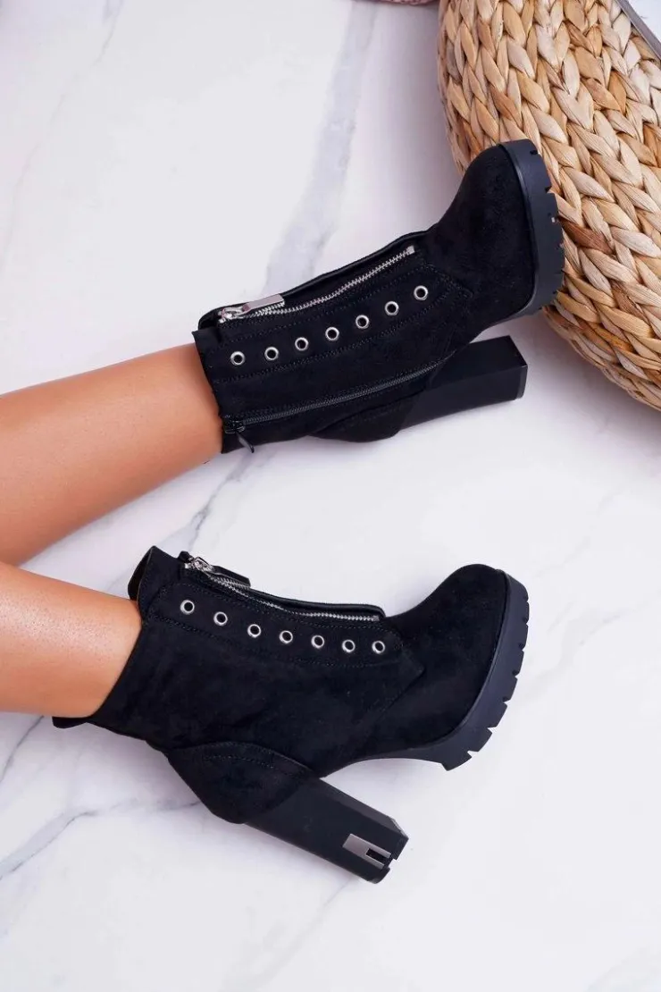 Damskie Boto Botki Damskie Na Słupku Ozdobny Suwak Zamsz Czarne Imagine