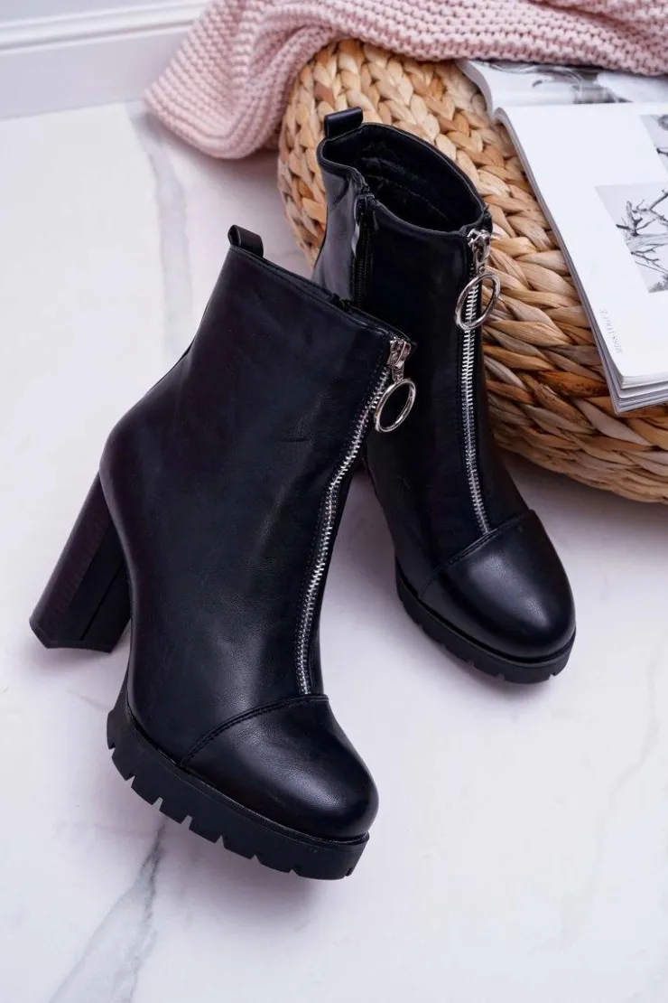 Boto Botki Na Słupku|Botki Zimowe Damskie*Botki Damskie Na Słupku Ozdobny Suwak Czarne Senuto