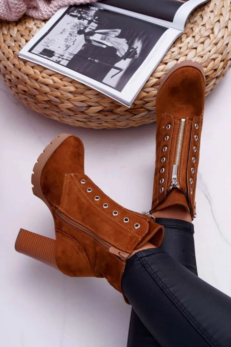 Boto Botki Na Słupku|Botki Zimowe Damskie*Botki Damskie Na Słupku Ozdobny Suwak Zamsz Camel Imagine