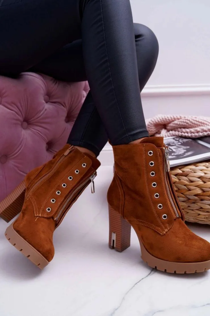 Boto Botki Na Słupku|Botki Zimowe Damskie*Botki Damskie Na Słupku Ozdobny Suwak Zamsz Camel Imagine