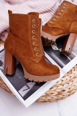 Boto Botki Na Słupku|Botki Zimowe Damskie*Botki Damskie Na Słupku Ozdobny Suwak Zamsz Camel Imagine