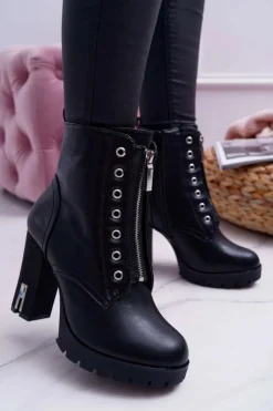 Best Boto Botki Damskie Na Słupku Ozdobny Suwak Czarne Imagine