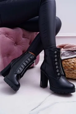 Best Boto Botki Damskie Na Słupku Ozdobny Suwak Czarne Imagine
