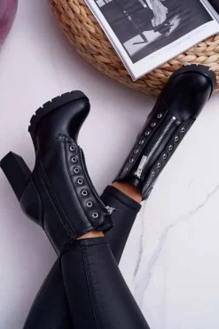 Best Boto Botki Damskie Na Słupku Ozdobny Suwak Czarne Imagine