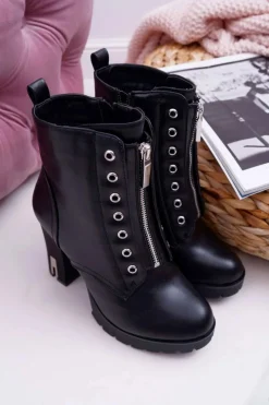 Best Boto Botki Damskie Na Słupku Ozdobny Suwak Czarne Imagine