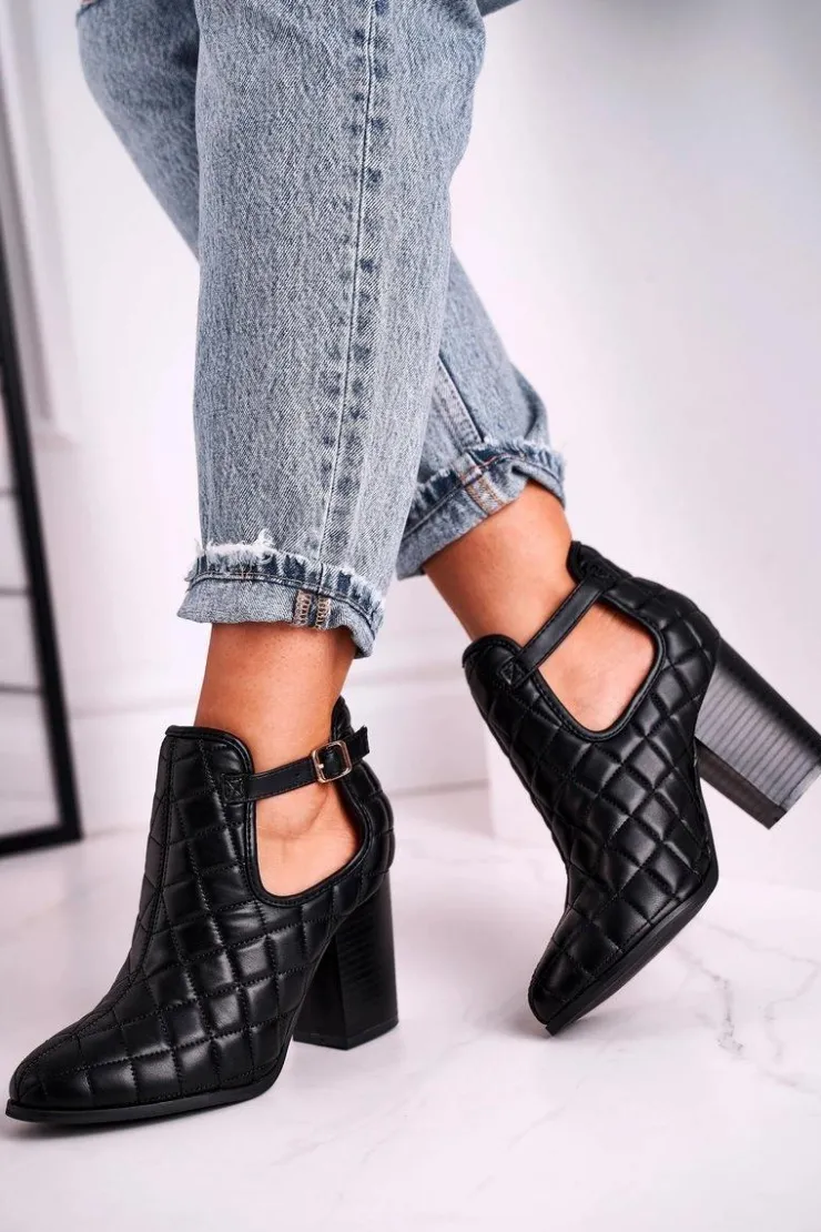 Damskie Boto Botki Damskie Na Słupku Pikowane Z Wycięciami Czarne Dreams