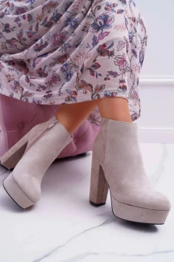 Damskie Boto Botki Damskie na Słupku Platformie Zamszowe Beżowe Celinne