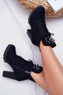 Best Boto Botki Damskie na Słupku Platformie Zamszowe Czarne Fieste