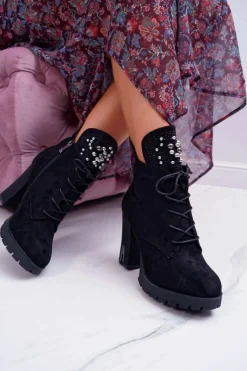 Best Boto Botki Damskie na Słupku Platformie Zamszowe Czarne Fieste