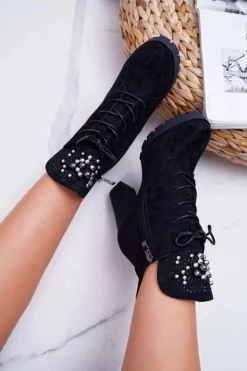 Best Boto Botki Damskie na Słupku Platformie Zamszowe Czarne Fieste