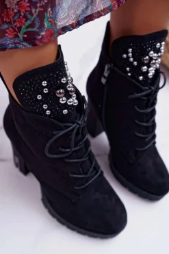 Best Boto Botki Damskie na Słupku Platformie Zamszowe Czarne Fieste