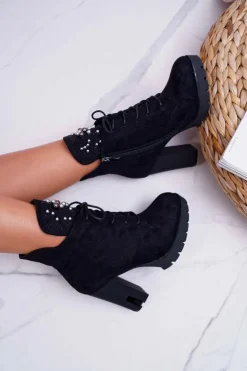 Best Boto Botki Damskie na Słupku Platformie Zamszowe Czarne Fieste