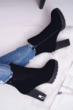 Damskie Boto Botki Damskie na Słupku Platformie Z Cyrkoniami Czarne Deren