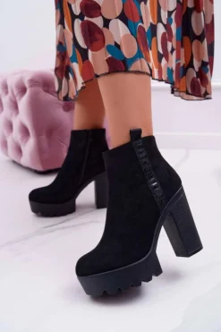 Boto Botki Na Słupku|Botki Zimowe Damskie*Botki Damskie na Słupku Platforma Zamszowe Czarne Estacado