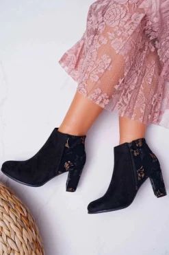 Outlet Buty Sergio Leone Botki Damskie Na Słupku Sergio Leone W Złote Kwiaty Folk Czarne Eros2