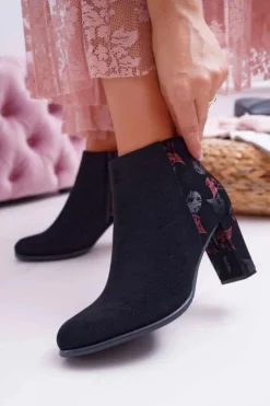 Buty Sergio Leone Botki Na Słupku|Botki Zimowe Damskie*Botki Damskie Na Słupku Sergio Leone W Różowe Kwiaty Folk Czarne Eros2