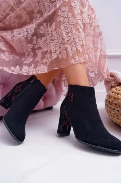 Buty Sergio Leone Botki Na Słupku|Botki Zimowe Damskie*Botki Damskie Na Słupku Sergio Leone W Różowe Kwiaty Folk Czarne Eros2