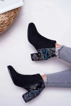 Damskie Buty Sergio Leone Botki Damskie Na Słupku Sergio Leone W Kwiaty Folk Czarne Eros2