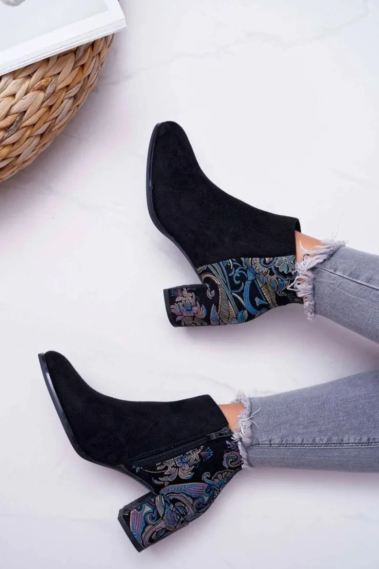 Damskie Buty Sergio Leone Botki Damskie Na Słupku Sergio Leone W Kwiaty Folk Czarne Eros2