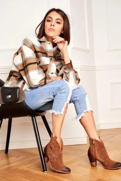 Damskie Boto Botki Damskie Na Słupku Skórzane Welurowe Kowbojki Exquisite Brązowe 1170