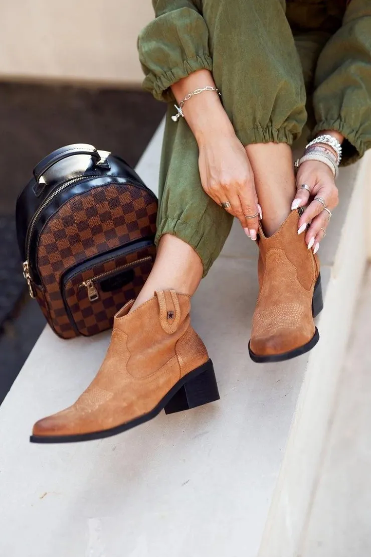 New Big Star Shoes Botki Damskie Na Słupku Skórzane Big Star Camel GG274330