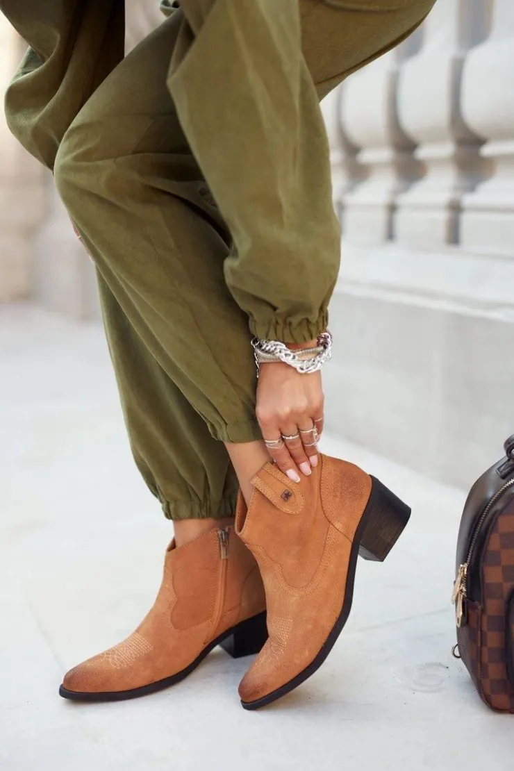 New Big Star Shoes Botki Damskie Na Słupku Skórzane Big Star Camel GG274330