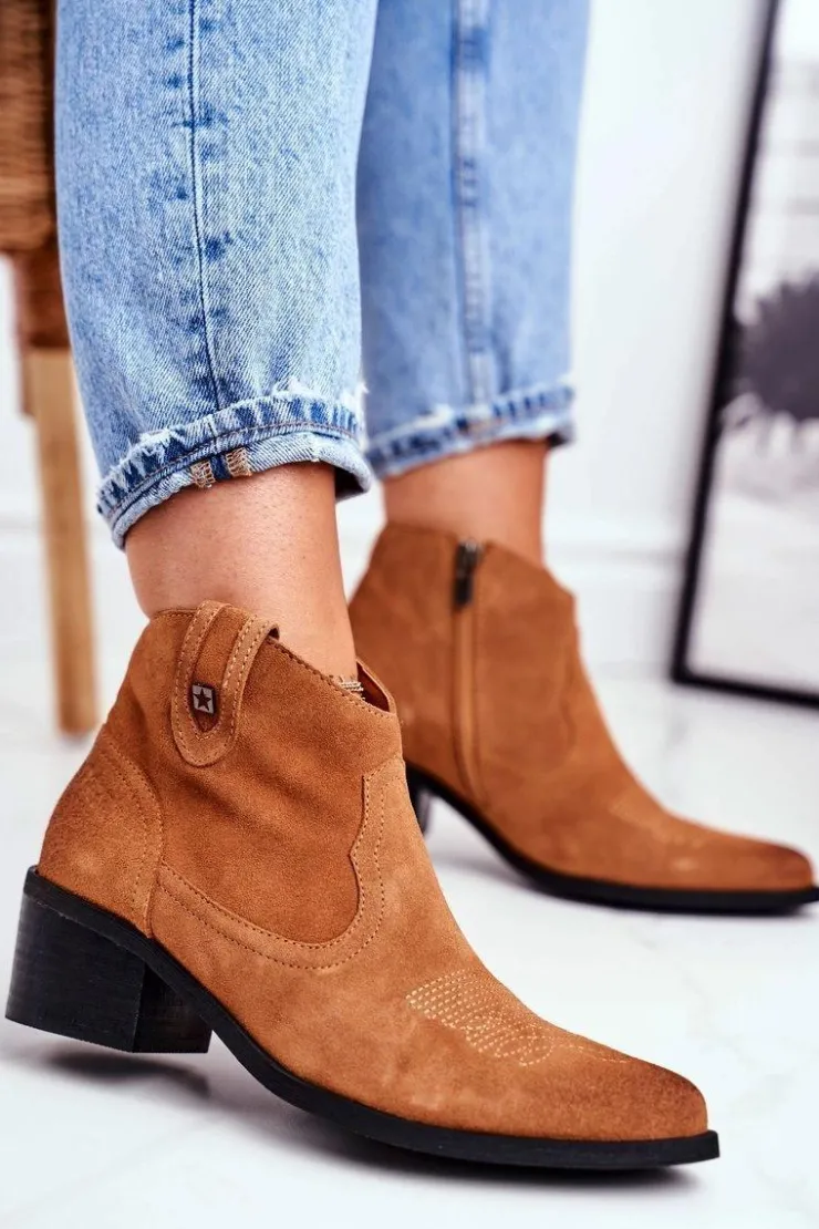 New Big Star Shoes Botki Damskie Na Słupku Skórzane Big Star Camel GG274330