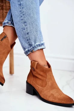 New Big Star Shoes Botki Damskie Na Słupku Skórzane Big Star Camel GG274330