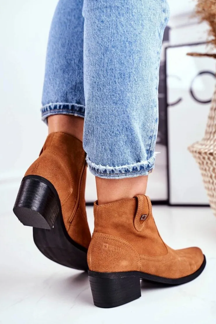 New Big Star Shoes Botki Damskie Na Słupku Skórzane Big Star Camel GG274330