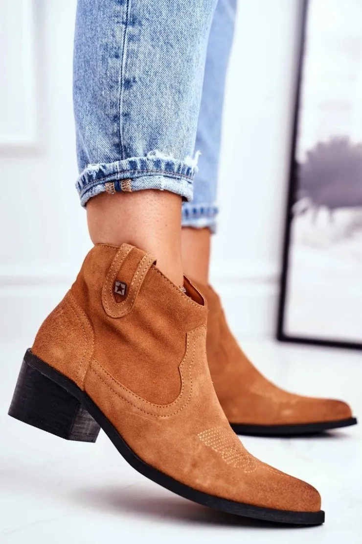 New Big Star Shoes Botki Damskie Na Słupku Skórzane Big Star Camel GG274330