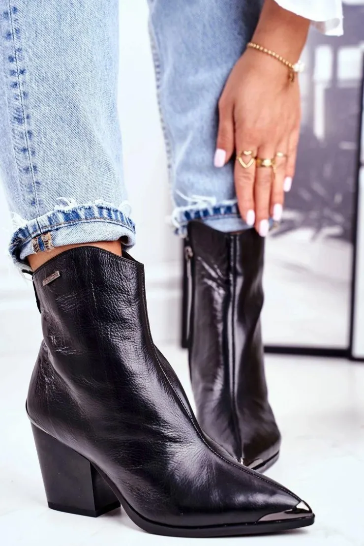 Big Star Shoes Botki Na Słupku|Czarne Botki*Botki Damskie Na Słupku Skórzane Big Star Czarne GG274919