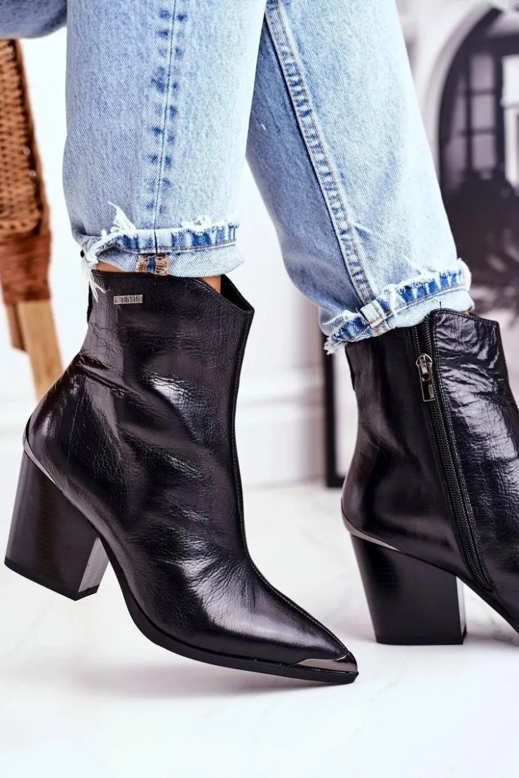 Big Star Shoes Botki Na Słupku|Czarne Botki*Botki Damskie Na Słupku Skórzane Big Star Czarne GG274919