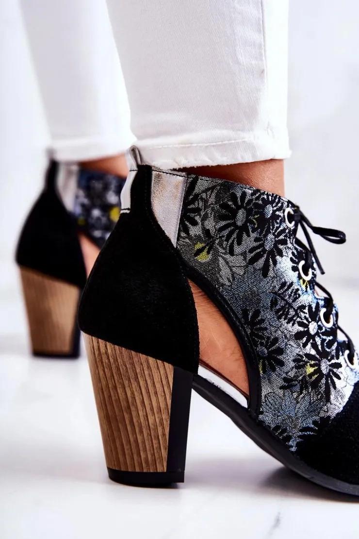 Best Maciejka Botki Damskie Na Słupku Skórzane Wiosenne 03938-01 Czarne