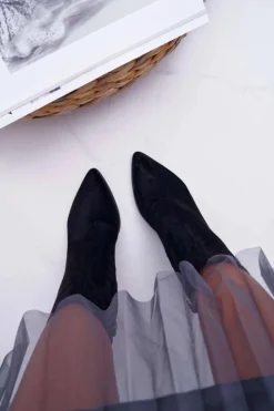 Clearance Boto Botki Damskie Na Słupku Suwak W Szpic Zamszowe Czarne Ferol