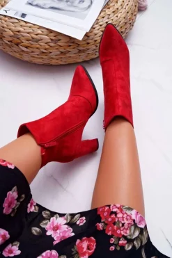 Boto Botki Na Słupku|Botki Zimowe Damskie*Botki Damskie Na Słupku Suwak W Szpic Czerwone Ferol