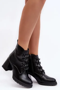 Outlet Damskie buty S.Barski Botki Damskie Na Słupku Sznurowane D&A CR8120 Czarne