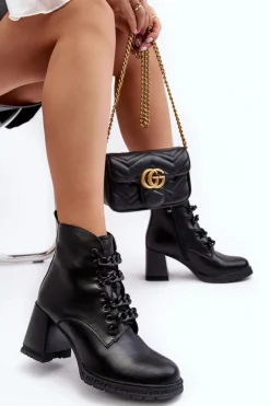 Outlet Damskie buty S.Barski Botki Damskie Na Słupku Sznurowane D&A CR8120 Czarne