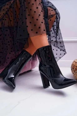 Discount Boto Botki Damskie Na Słupku W Szpic Lakierowane Czarne Demens