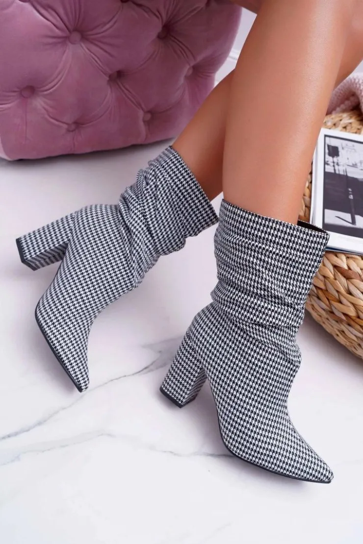 Damskie Boto Botki Damskie Na Słupku w Pepitkę Biało Czarne Vibe